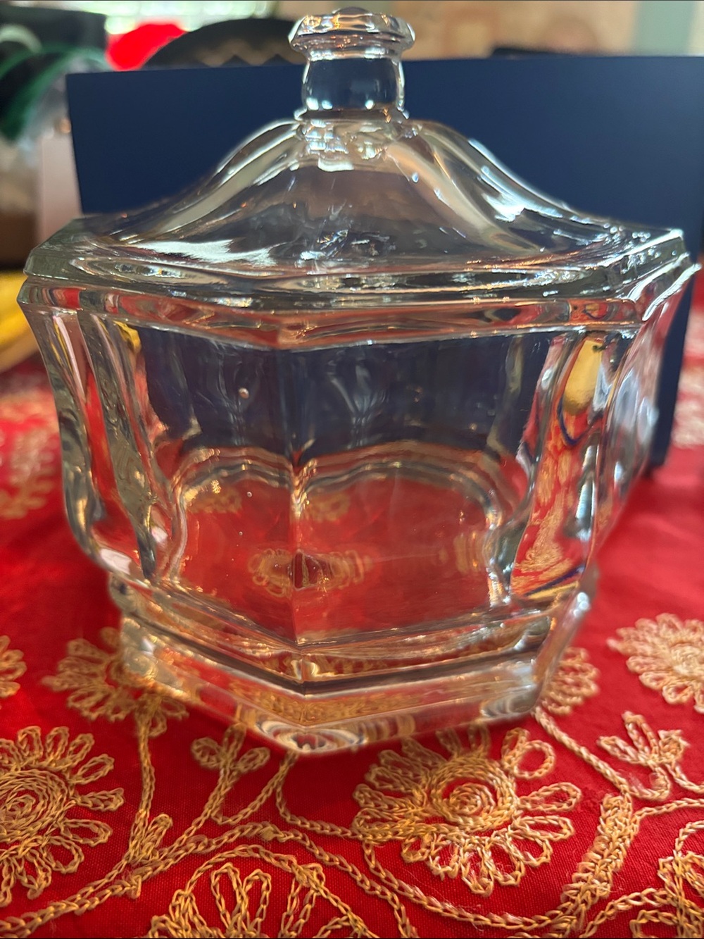 Clear Glass Hexagonal Candy Dish with Lid. 1970 Indian glass.